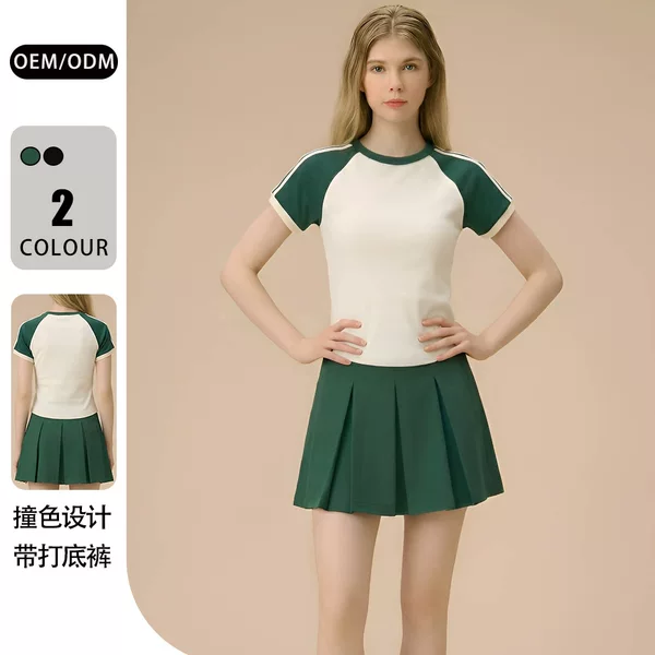 26 New Style Sports Casual T-Shirt and Short Skirt Two-Piece Set for Women, Anti-Exposure Badminton, Tennis, Yoga, Fitness, and Running Skirt