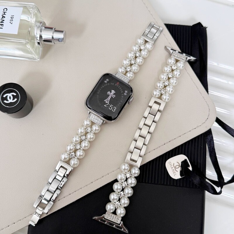 Tweed Style Double Row Pearl Diamond Watch Strap Suitable for Apple Watch iWatch 11 Generation 10/9876Ultra/Se