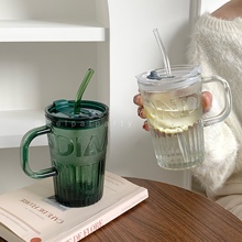 玻璃水杯女生把手带盖透明浮雕吸管杯子男士新款家用办公室牛奶杯