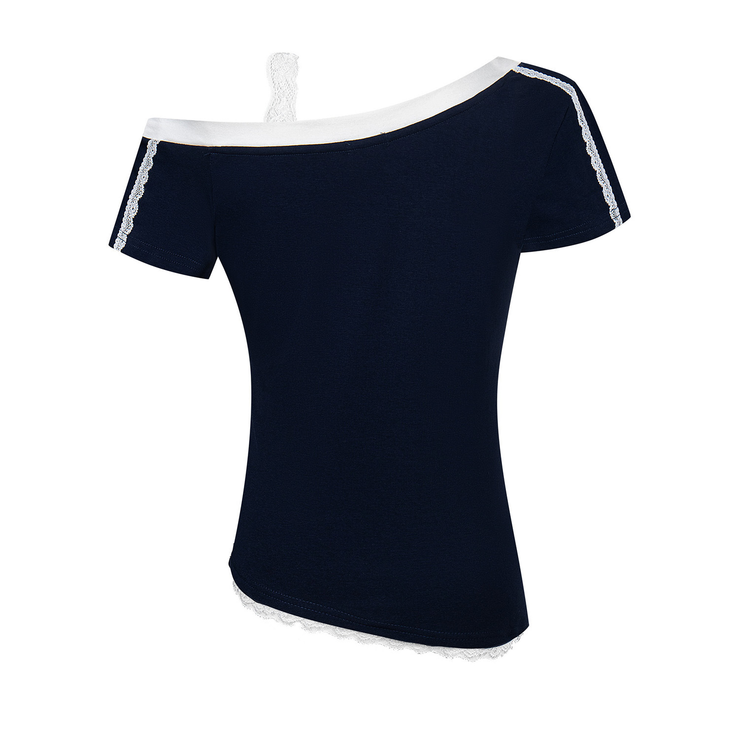 Women's Clothing Slim Fit Short Sleeved T-Shirt Dark Blue Niche Lace Camisole Faux Two Piece Sexy Top_ecoleips.com