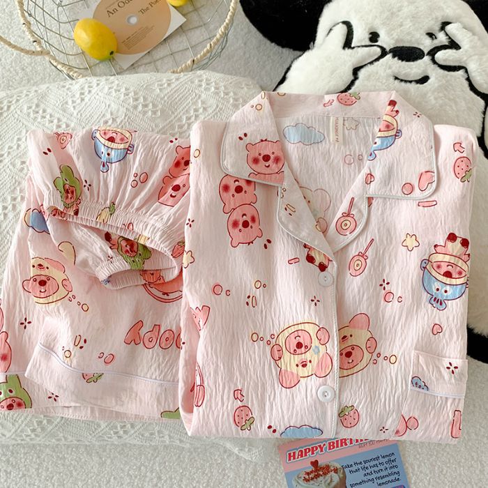 Al por mayor transfronterizo verano nuevo cardigán de dibujos animados nubes de algodón pijama de manga corta conjunto de ropa dulce de mujer se puede usar fuera