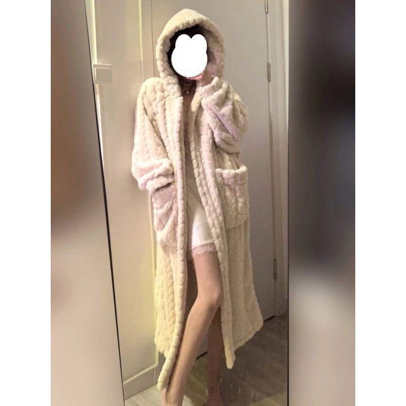 (2개) 가을과 겨울 여성용 산호 벨벳 잠옷 두꺼운 긴 플러스 벨벳 따뜻한 겨울 후드 목욕 가운 잠옷 홈웨어 겉옷