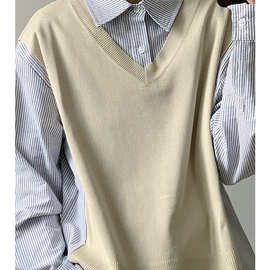 林弯弯美式假两件条纹拼接长袖衬衫男女毛衣拼接叠穿慵懒衬衣秋冬