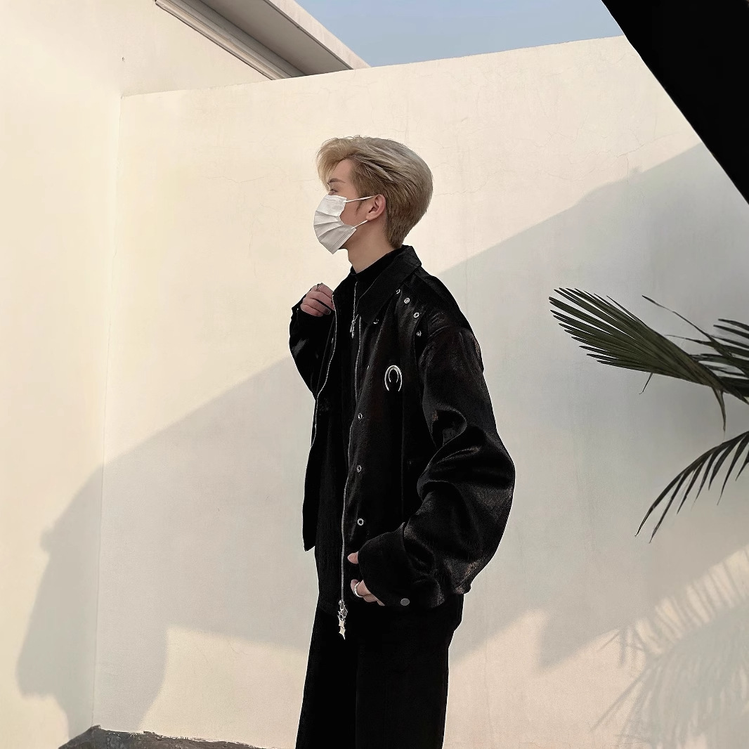 Nicho retro americano diseño de metal líquido hombro pad chaqueta de los hombres de alto grado perfil solapa Chaqueta corta