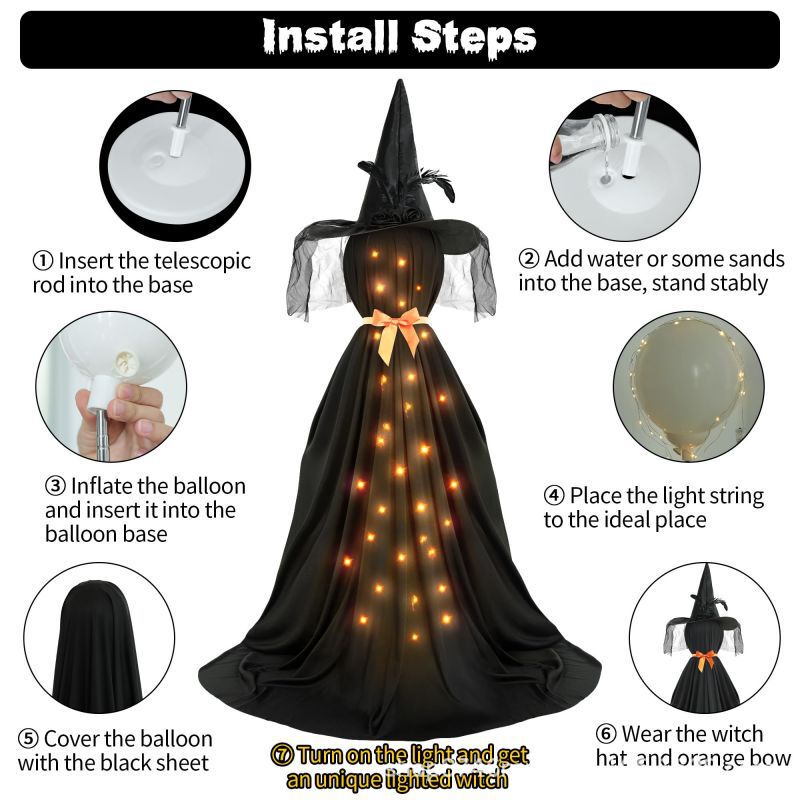 国境を越えた新製品ハロウィーン装飾LED発光幽霊黒幽霊リボン付きハロウィーン魔女装飾|undefined