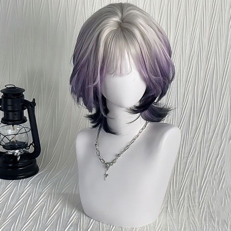 Kony Wig [Purple Mist Roaming] Women's Layered White-Purple Gradient Wig with Highlights, Mullet Style, Short Wavy Bangs, Top Dye