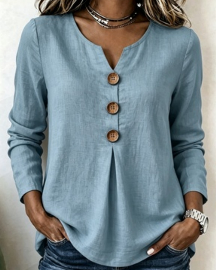 Amazon 2026 Europa y los Estados Unidos transfronterizos de verano de color sólido nuevo suelto damas de cuello V botones de algodón de lino camisa de mujer