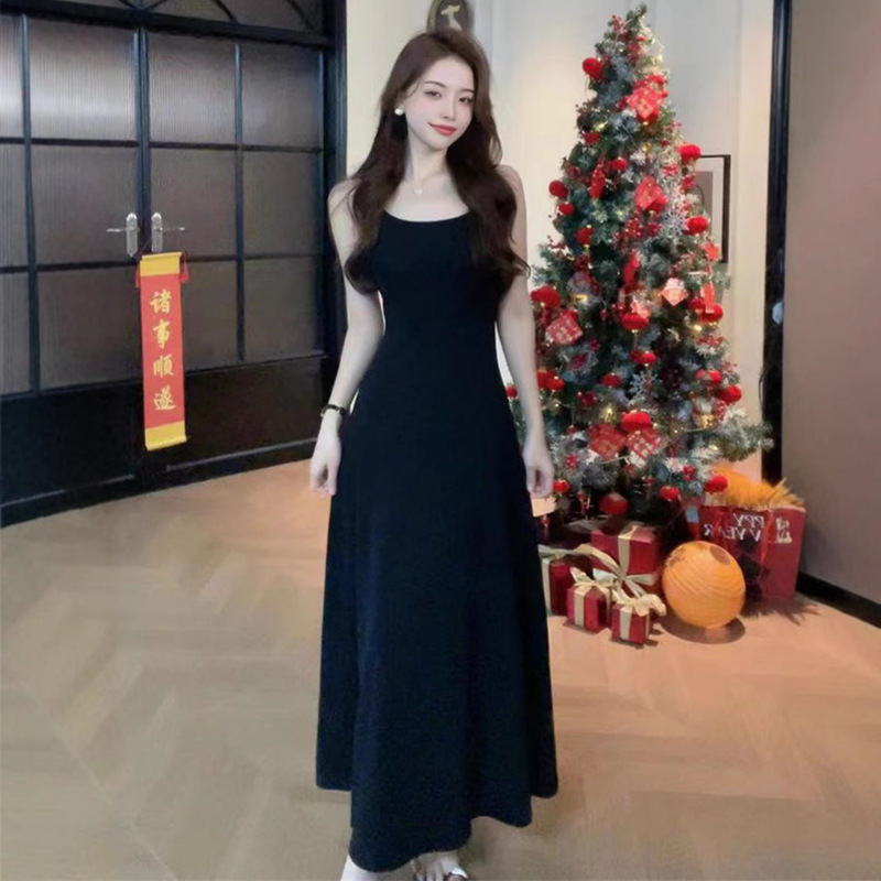New Style Outer Wear Spice Girl Chic Sling dress Long Dress Women's Autumn and Summer Inner Wear Slim-fit Slimming Sexy Black Dress