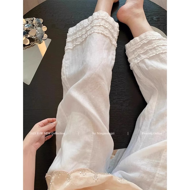 White Linen Straight-Leg Casual Pants for Women, Summer Thin Loose Lazy Style, Slimming Cropped Wide-Leg Pants