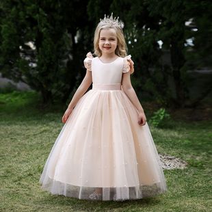 European and American Children's Dress Flower Girl Princess Dress Girl's Bow Long Dress Piano Performance Dress Poncho Wedding Dress Dress