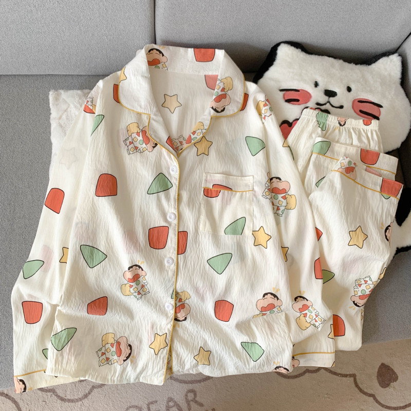 工厂直销云朵棉新款睡衣女长袖长裤开衫翻领卡通大码家居服套装|undefined
