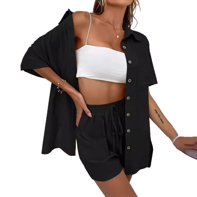 Women's Clothing Women's Casual Loose Short Sleeve Shirt Set Solid Color Single Breasted Two Piece Summer Fashion Shorts Style_voghion.com