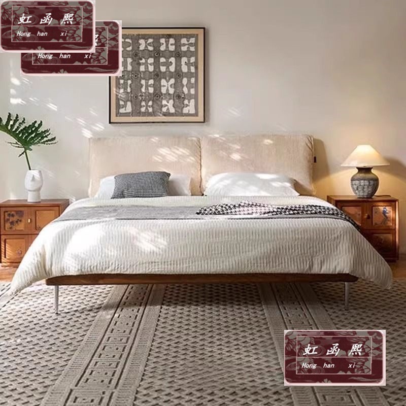 Fabric Bed with Even Edges, Double Bed, Wedding Bed, Ear Bed, Retro Chenille Cloth Bed, Master Bedroom, Antique Style Solid Wood Bed, Popular Style