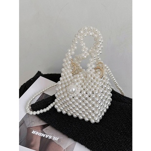 Portable pearl bag for women 2023 new French style niche design small exquisite handmade crossbody bucket bag fashion