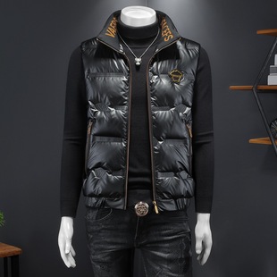 European Station High-end Fashion Brand Autumn and Winter New Men's Stand Collar Bright Face Down Jacket Vest White Duck Down Warm Jacket