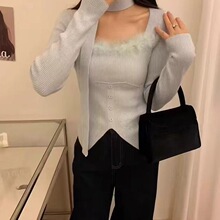 韩版气质领口毛毛拼接修身方领长袖针织衫女秋冬飘带上衣打底衫