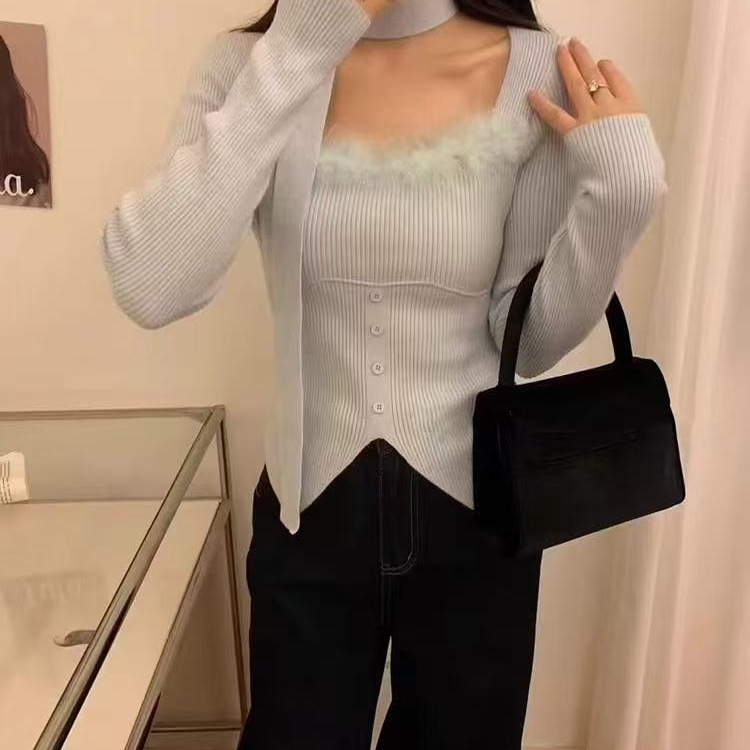 韩版气质领口毛毛拼接修身方领长袖针织衫女秋冬飘带上衣打底衫