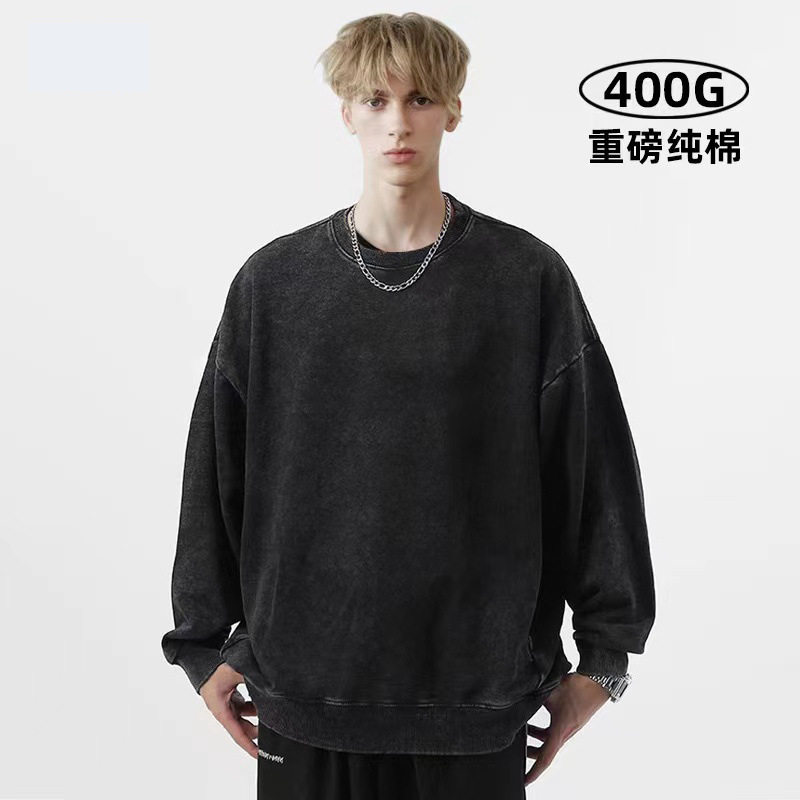 2025 otoño y invierno nuevo estilo retro de tendencia de cuello redondo marca de moda suéter hombre lavado con agua suelta hacer vieja camiseta de base al por mayor