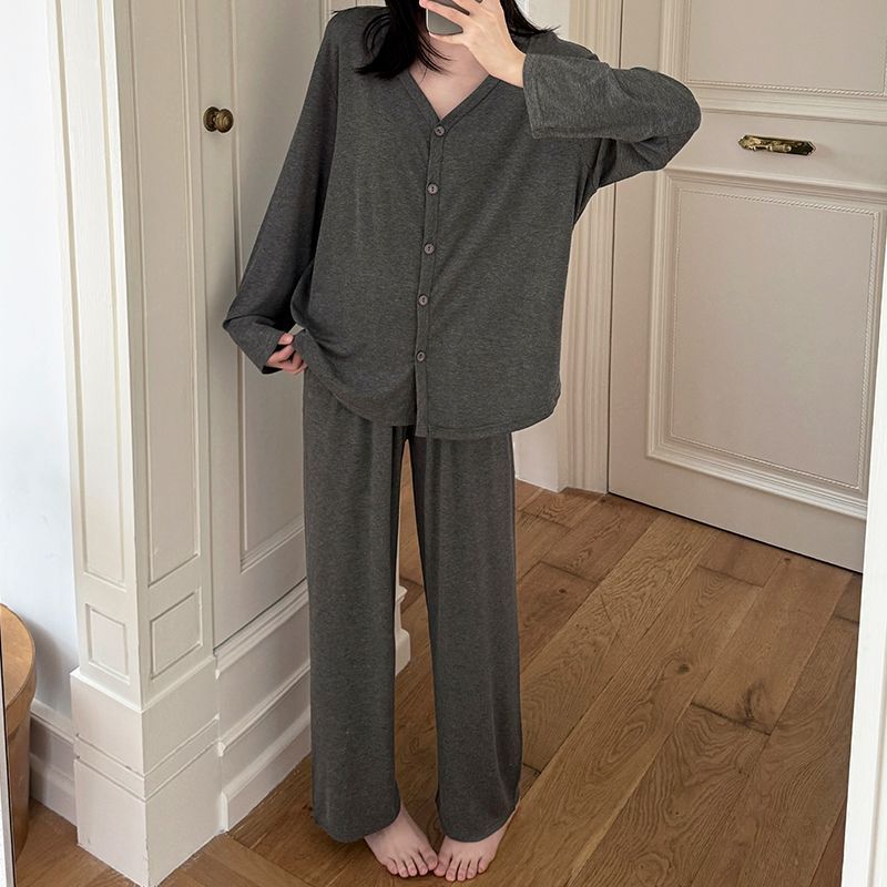 人棉睡衣女款春秋季韩系慵懒风简约开衫长袖两件套装家居服可外穿|undefined