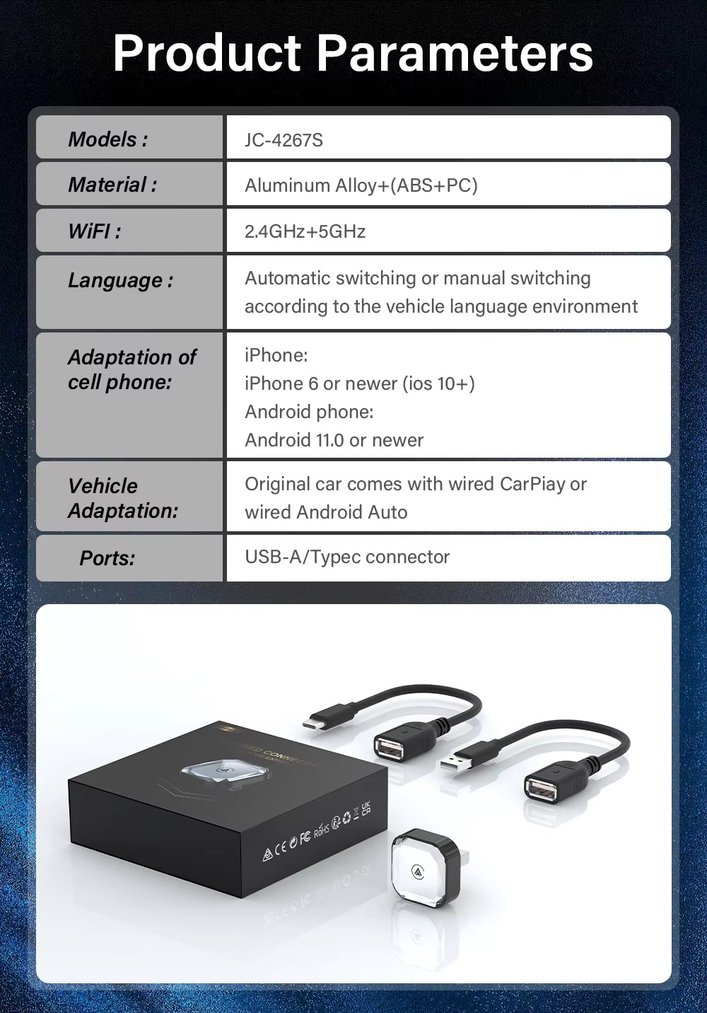 Hot Selling Diamond Carplay Car-Machine Interconnection Box with Cooling Holes Horizontal Plug-In 2in1 Wireless Caplay Box