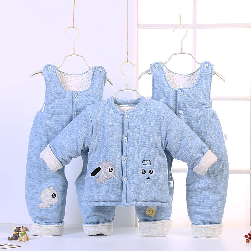 婴儿棉衣三件套纯棉卡通提花加厚保暖背带裤套装宝宝秋冬棉袄衣服|ms