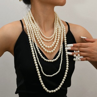 Vintage Imitation Pearl Necklace Round White Chanel Style Necklace Hepburn Style All-match Multi-layer Stacked Cheongsam Woolen Chain
