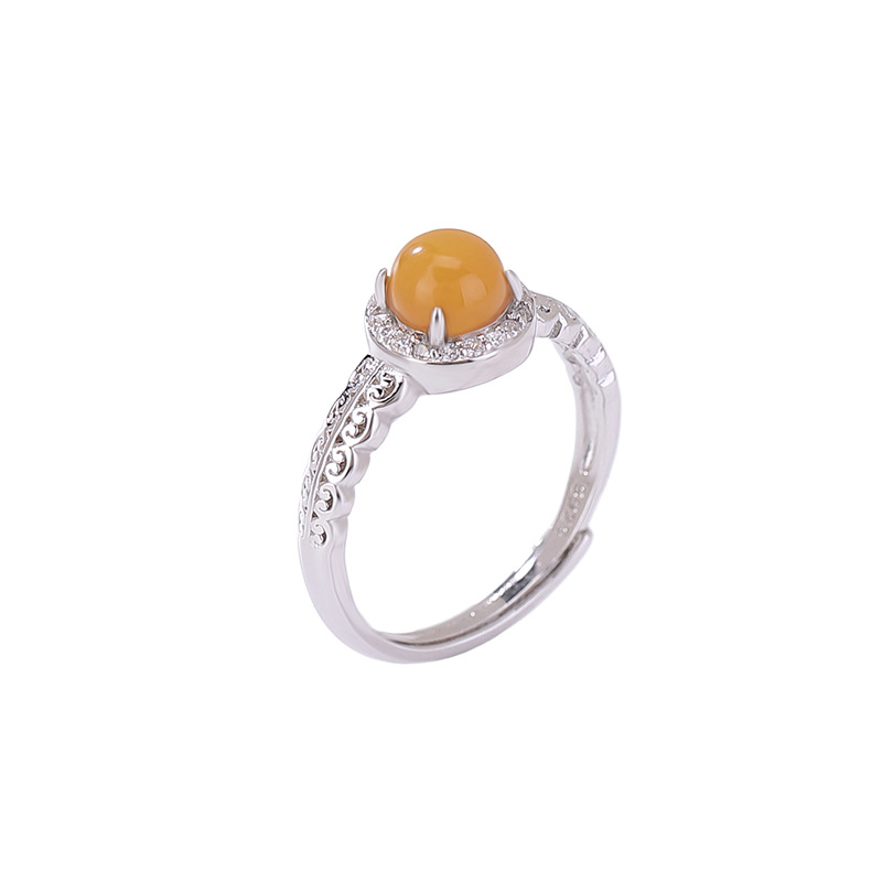 Nhẫn bạc S925 hạt tròn sáp ong dầu gà vàng phong cách Trung Hoa đơn giản cao cấp — một mảnh