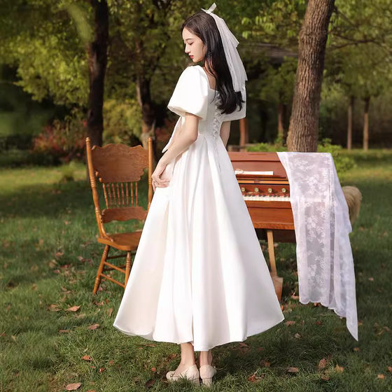 Licensed Registration White Dress Evening Dress Women's Summer Banquet Engagement Dress French Satin White Dress Light Wedding Dress