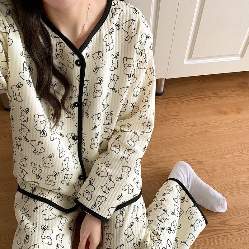 Pijamas de algodón de aire de mujeres otoño y invierno nuevo engrosado de mangas largas dulce pequeño viento fragante calentamiento conjunto de ropa de hogar se puede usar fuera
