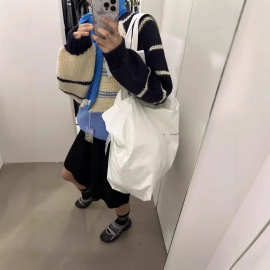 韩系重工粗针加厚保暖拼接撞色条纹慵懒风秋冬圆领针织毛衣上衣女