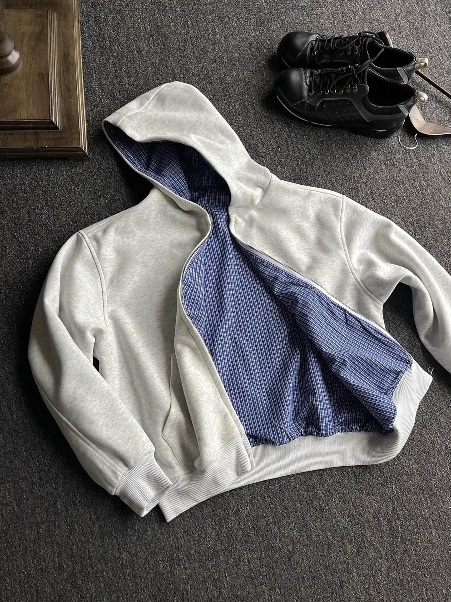 Sweat-shirt réversible à carreaux américains, cardigan zippé pour homme, veste à capuche, coupe ajustée, veste courte et ample._voghion.com