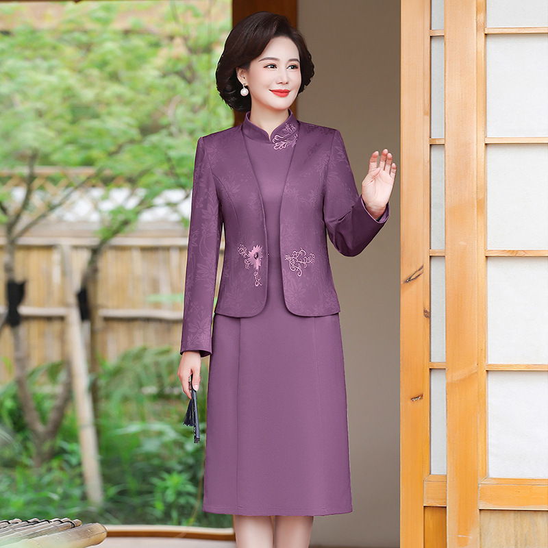 喜婆婆の結婚式披露宴用春秋ワンピースドレスセット、新作中年ママ向け秋ファッションワンピースツーピースセット|undefined
