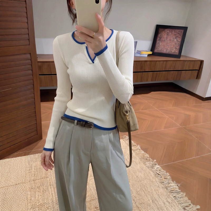 AI graphic, faux two-piece knitted long-sleeve inner layer, autumn color-block, regular-fit, V-neck top for women