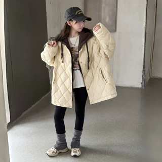 女童夹棉外套秋冬装2026新款中大童加厚连帽棉衣菱形格中长款棉服