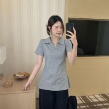 设计感纯欲风辣妹polo领大码胖mm夏季短袖T恤褶皱显瘦遮肚子上衣