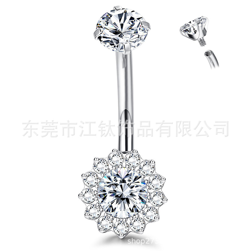 G23 Titanium Belly Button Ring Sunflower Inlaid Stone Cross Piercing Jewelry detail image 11