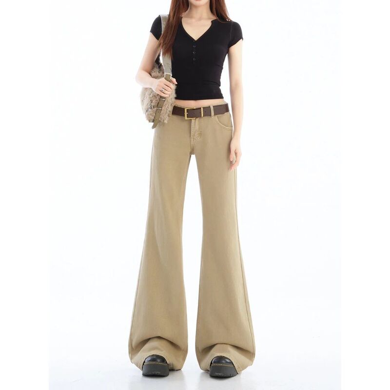 American Retro Style Khaki Jeans for Women, 2026 Summer Low-Waist, Floor-Length, Non-Tight, Slightly Flared Pants