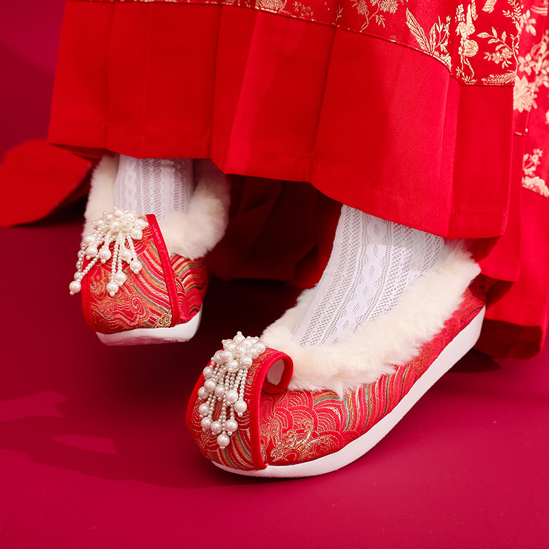 【织月】2024冬季 登云履云头鞋织锦缎汉服鞋子婚鞋古风平跟 加绒