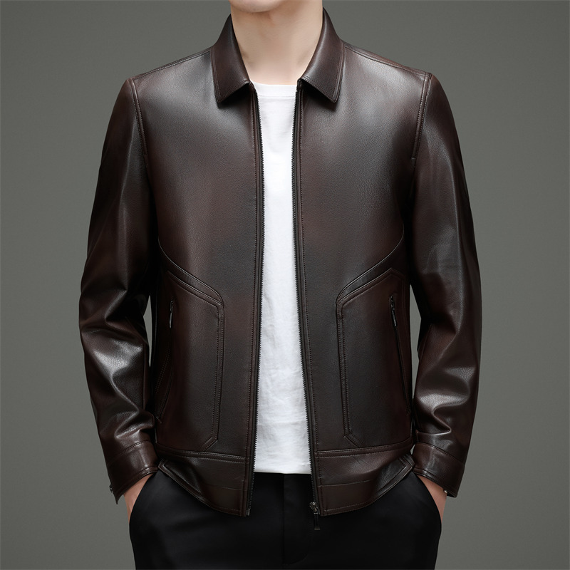 New Cross-Border Men's Leather Jacket with a Turn-Down Collar, Casual Trendy Versatile Slim-Fit Coat for Young and Middle-Aged Men, Foreign Trade