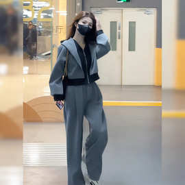 拼色大码女装时尚休闲连帽开衫开衫显瘦减龄韩版洋气两件套套装潮