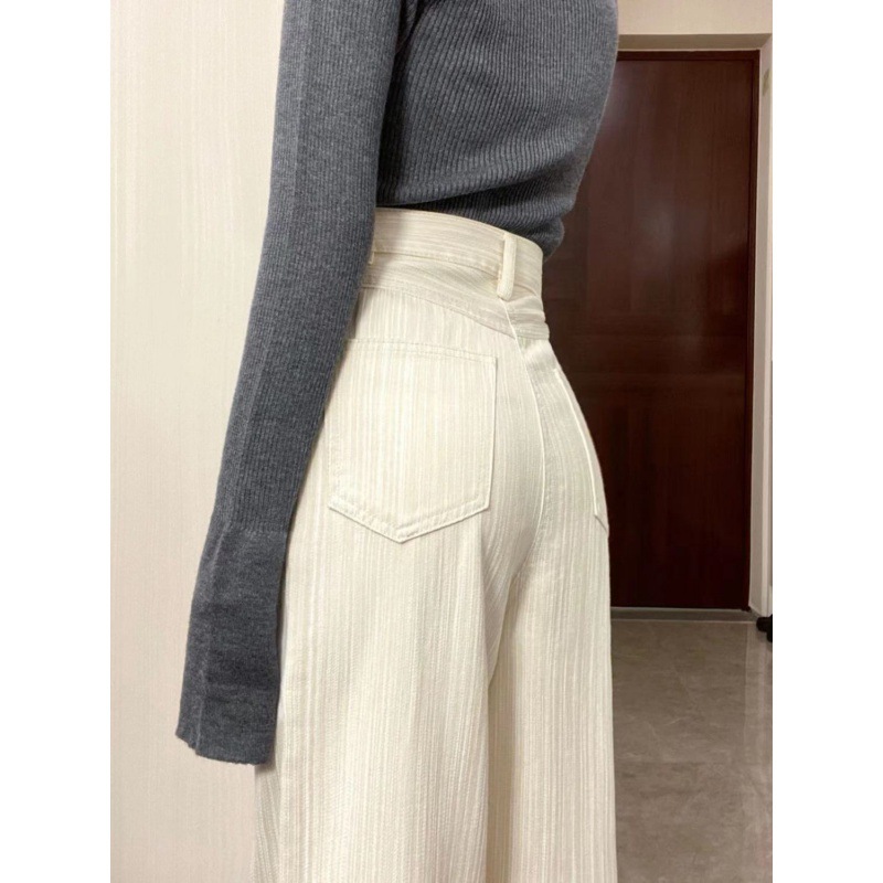 흰 청바지 아이보리 줄무늬 캐주얼 여성의 봄과 여름 넓은 다리 바지 느슨한 덤핑 바지