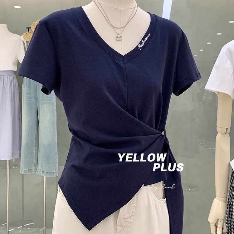 短袖T恤女夏季新款甜辣妹V领字母刺绣设计感绑带收腰显瘦别致上衣|undefined