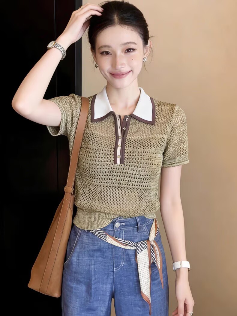 Áo thun dệt kim nữ cổ polo ngắn tay, phong cách Hàn Quốc, thiết kế hở vai lửng — màu sắc