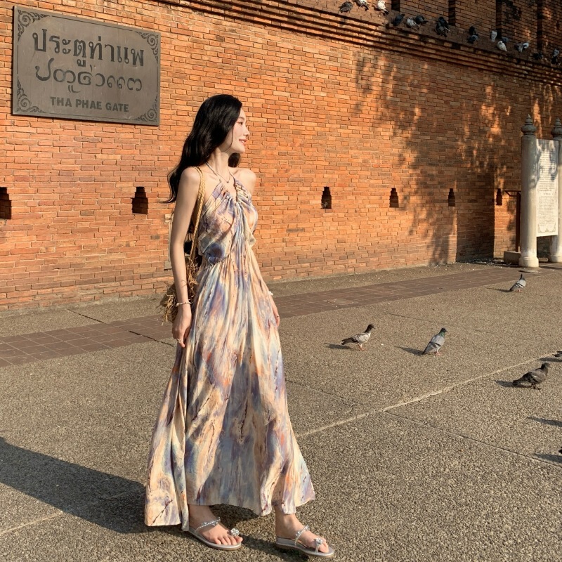 French Retro Oil Painting Gentle Floral Sling Sling Waist dress Seaside Holiday Long Dress Summer Island Skirt