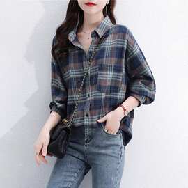 春秋文艺外贸原单意大利剪标大牌欧货胖妹妹开衫宽松格子衬衫上衣