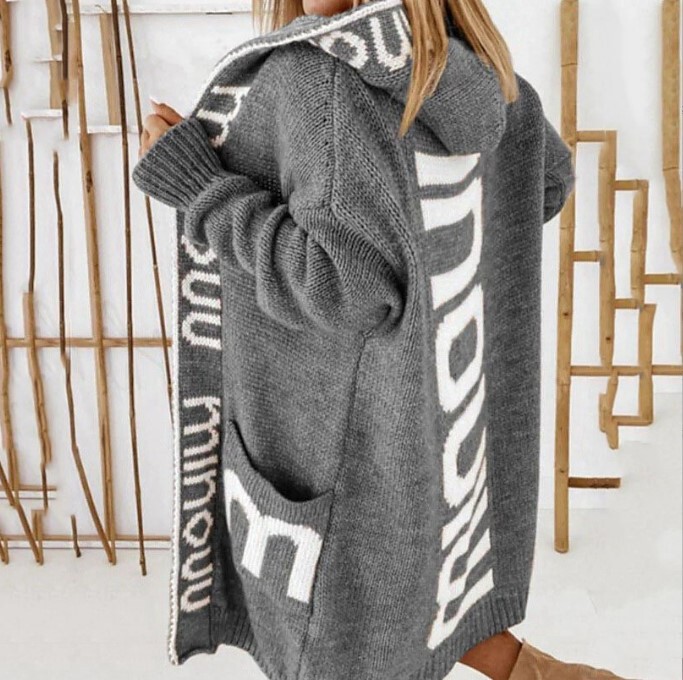European and American cross-border knitted cardigan women's 2024 mid-length sweater coat Amazon letter hooded knitted women's clothing European and American cross-border knitted cardigan women's 2024 mid-length sweater coat Amazon letter hooded knitted women's clothing