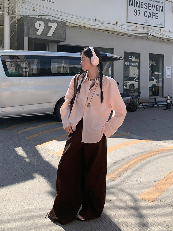 宋正恩粉色韩系宽松长袖防晒衬衫女秋季小标刺绣设计感慵懒风上衣|undefined