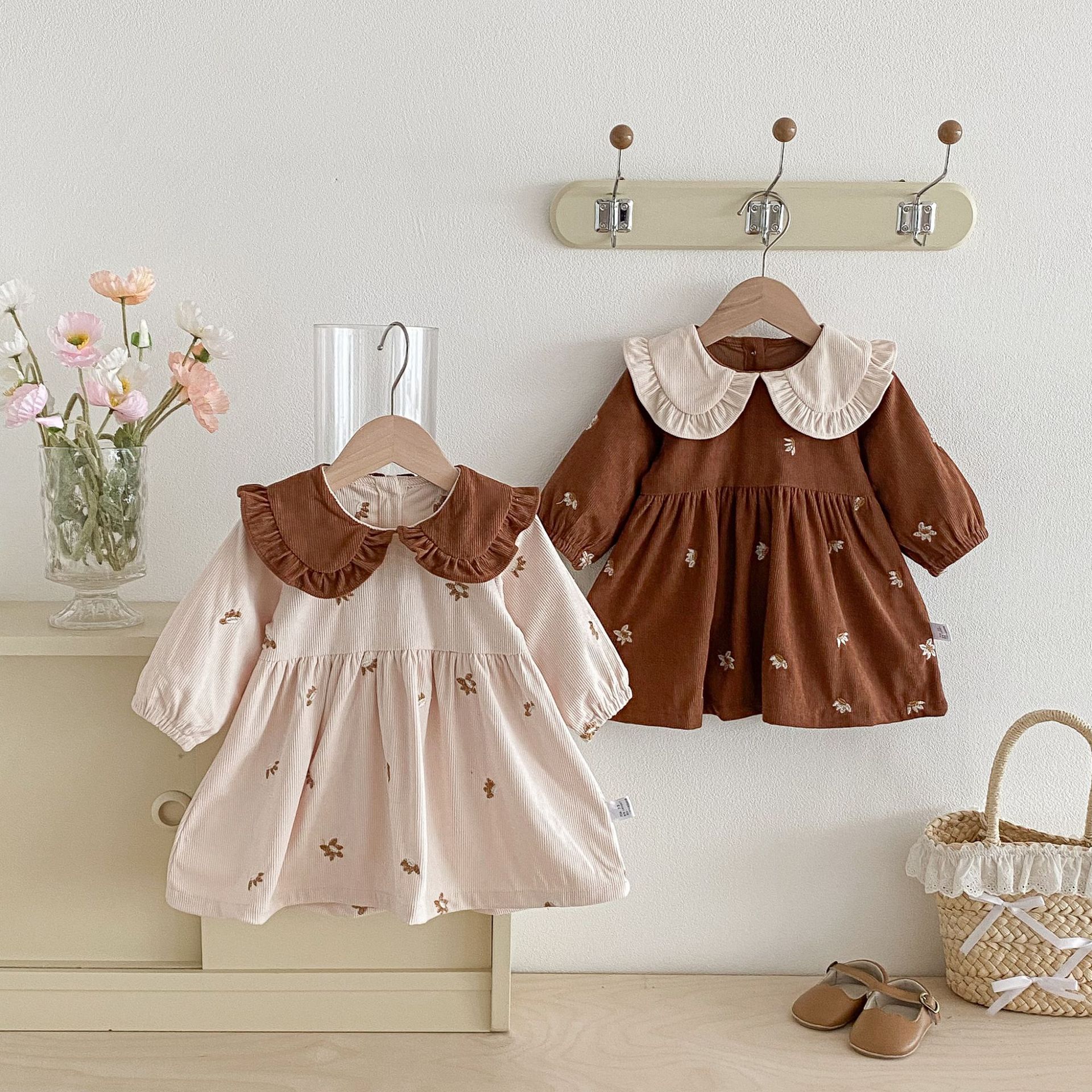 2025 Girls Ins Korean Style Dress Lapel Color Block Embroidered Flowers Children's Spring and Autumn New Baby Girl Princess Dress