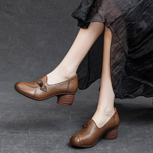  Fall New Women's Casual Single Shoes with Rough Medium Heel, Soft Sole, Washed Top-Grained Soft Calfskin Deep Slip-On Shoes