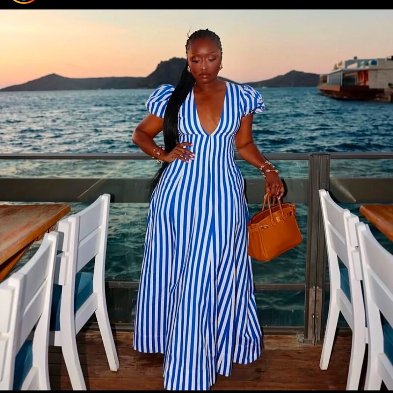 Striped Printed V-neck Sexy Fashion Cross-border Supply Slim-fit Large Puff Sleeve Dress